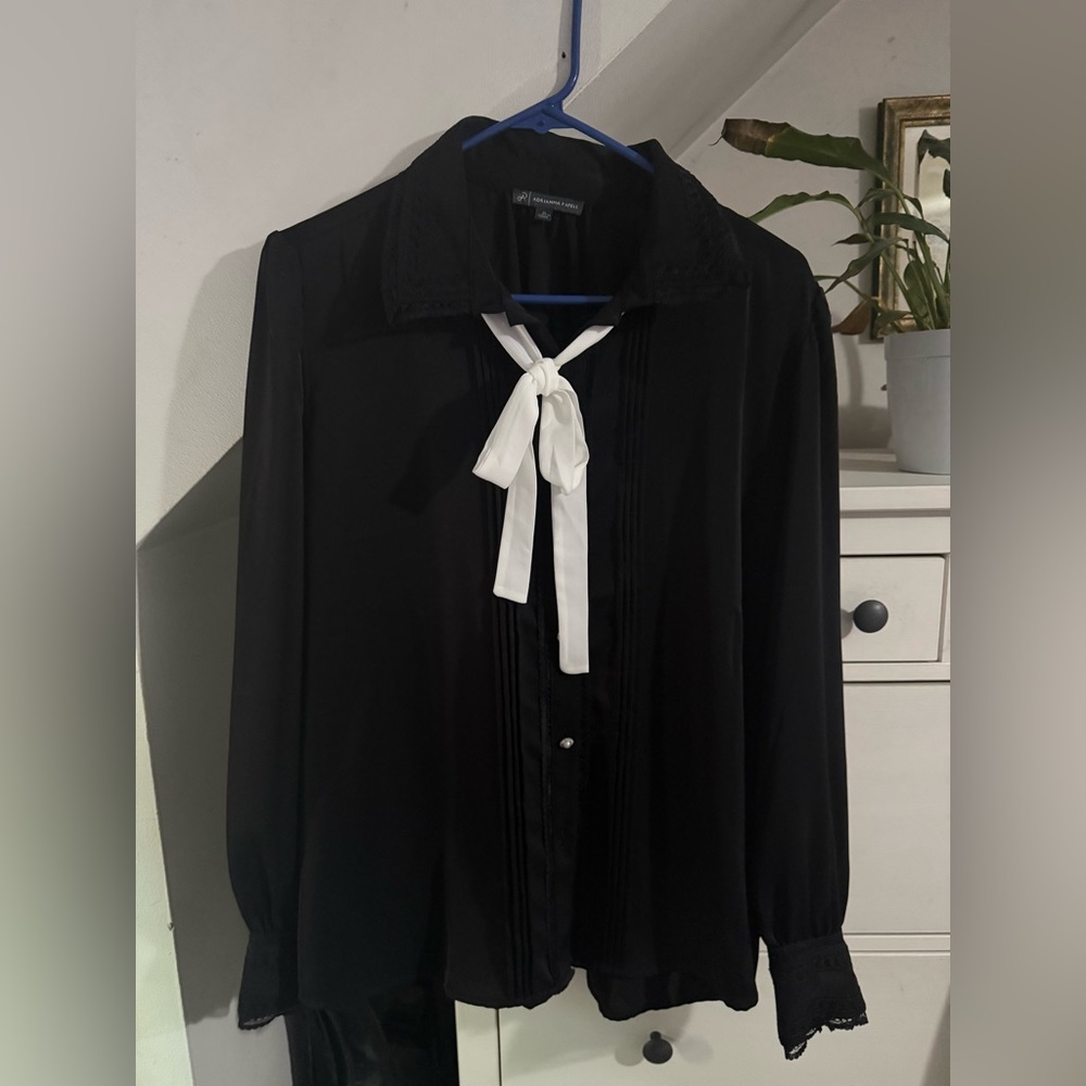 Adrianna Papell Black Long-Sleeve Button Front Blouse with fancy buttons